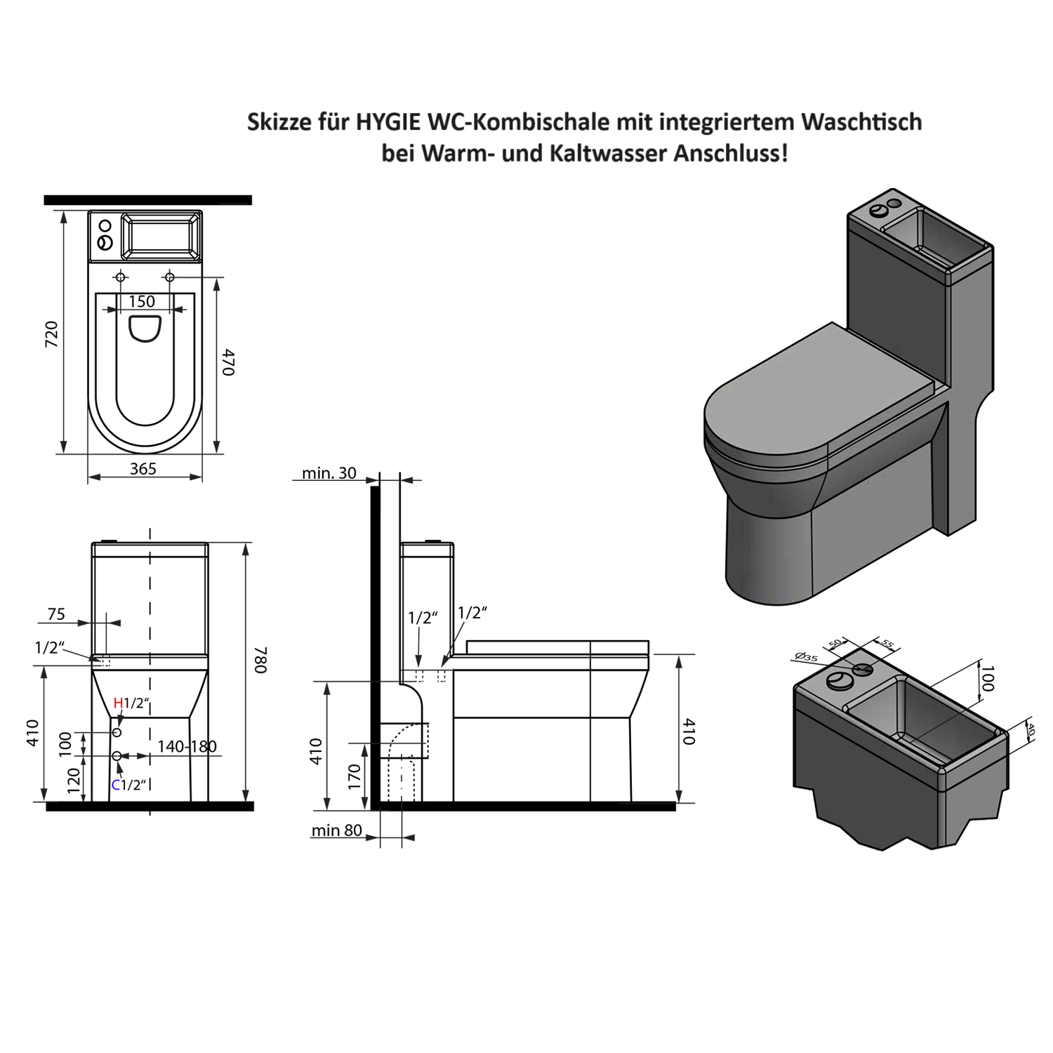 HYGIE WC-Kombi. m. integ. WT, weiß f.KW+WW, WC-Sitz-soft-close, oh.Armatur 5xFlex.Schlauch, 2xEckv., WC-Anschl.