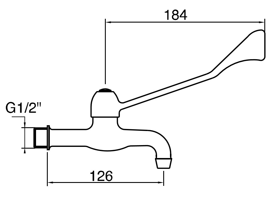 *KW-Wandventil mit Armhebel, starrer Auslauf 1/2"AG, A=126mm, Hebel L=184mm, Ms chrom *max. 5 bar und 60°