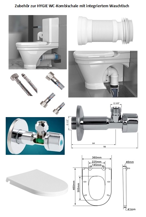 HYGIE WC-Kombi. m. integ. WT, weiß f.KW+WW, WC-Sitz-soft-close, oh.Armatur 5xFlex.Schlauch, 2xEckv., WC-Anschl.