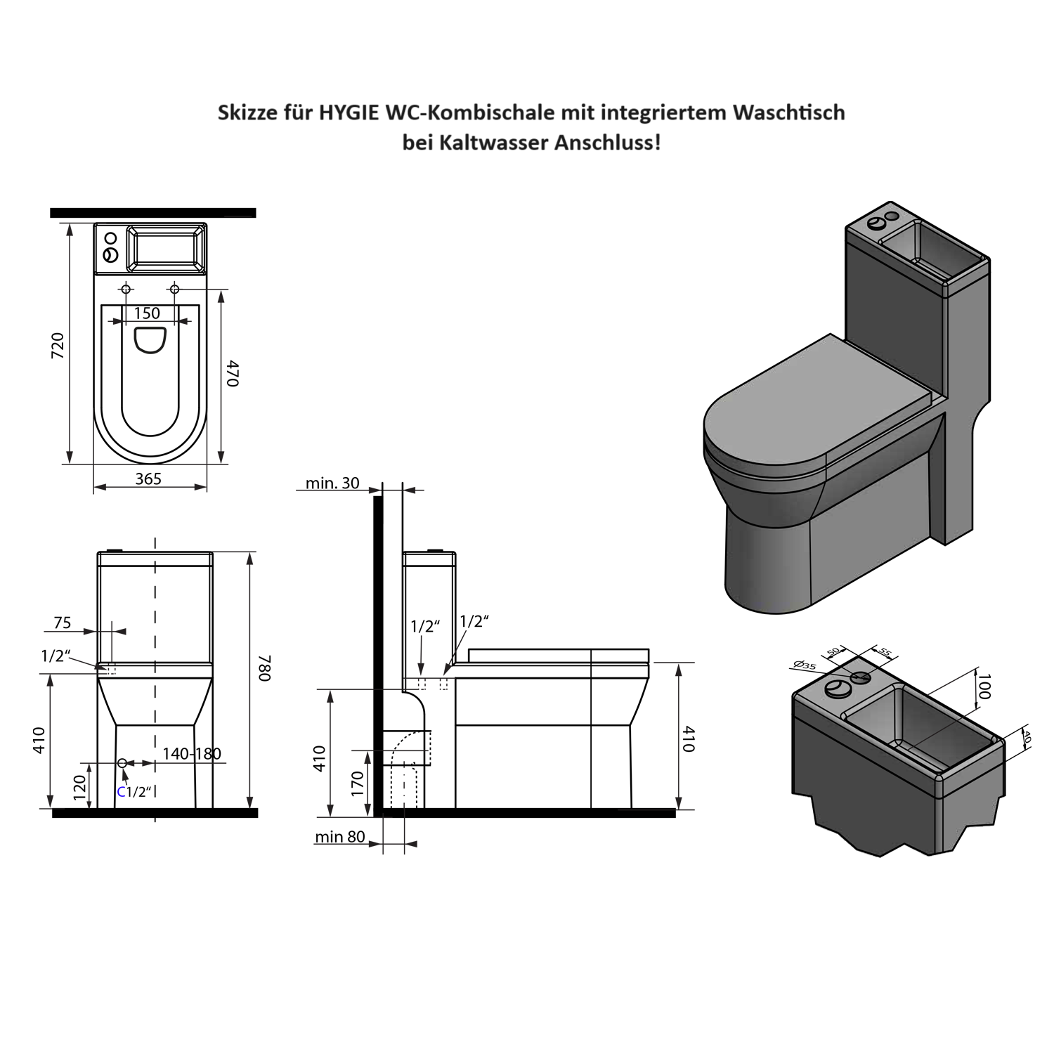 HYGIE WC-Kombi. m. integ. WT, weiß f.KW+WW, WC-Sitz-soft-close, oh.Armatur 5xFlex.Schlauch, 2xEckv., WC-Anschl.