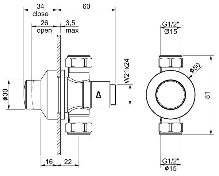 *Selbstschluss Durchgangsventil 1/2"AGx1/2"AG, UP-/Hinterwand-Montage *Bedienungshinweise/Beipackzettel beachten