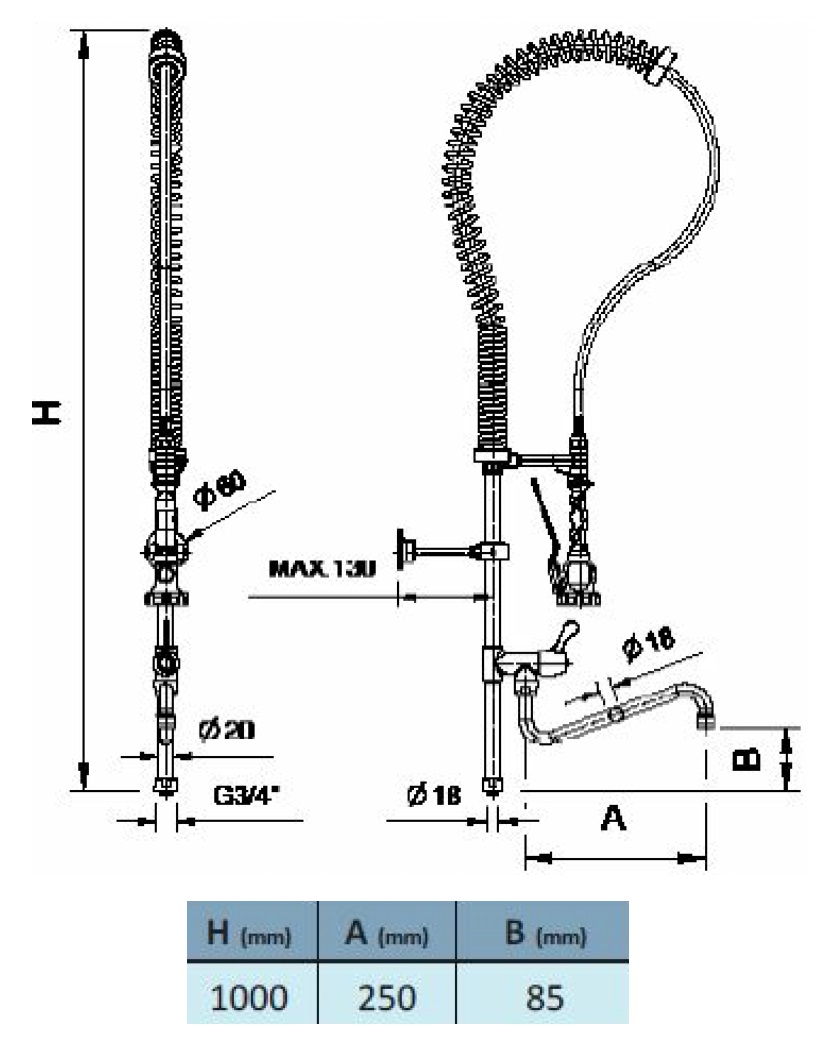 Wand-EH-Geschirrbrausegarnitur m.Auslauf H=1000mm, inkl.Montagezubehör 