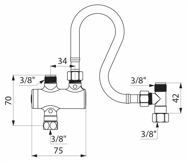 Mini Aufsatz Thermostat-Vormischventil m.Anschl.-Set 3/8"ÜM+3/8"AG, inkl.RV+Filter, Ms chrom 