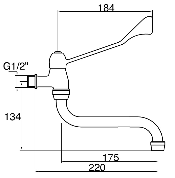 *KW-Wandventil mit Armhebel m.Schwenkauslauf 1/2"AG, A=225mm, Hebel L=174mm, MS chrom *max. 5 bar und 70°