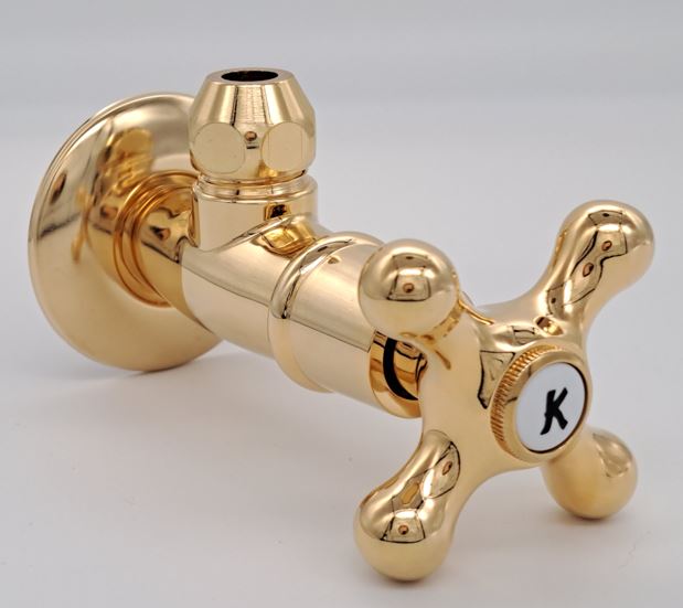 *KLASSIK Eckventil m. Kreuzgriff "K" 1/2"AGx10mm Cu, Ros., gold *ACHTUNG beigepackte Pflegehinweise beachten