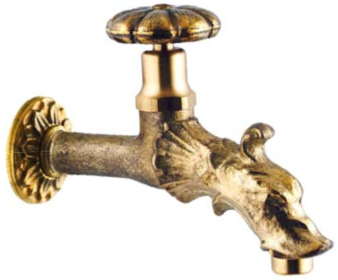 Wasserhahn "Drachenkopf" m. Zierrosette 1/2"AG, L=14cm, Ms antik 