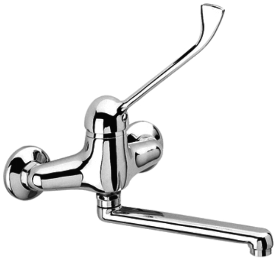 Armhebel Wandbatterie, Ausl.=200mm, mit Heißwasserbegrenzung mit S-Anschl."RK" u. Ros., Ms chrom 