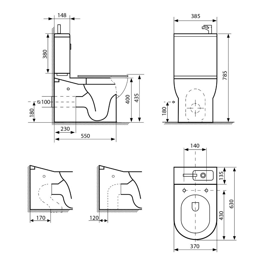 HYGIE WC-Kombi 2.0 m.integ.WT, weiß f.KW+WW, WC-Sitz-soft-close, oh.Armatur 5xFlex.Schlauch, 2xEckv., 3xWC-Anschl.