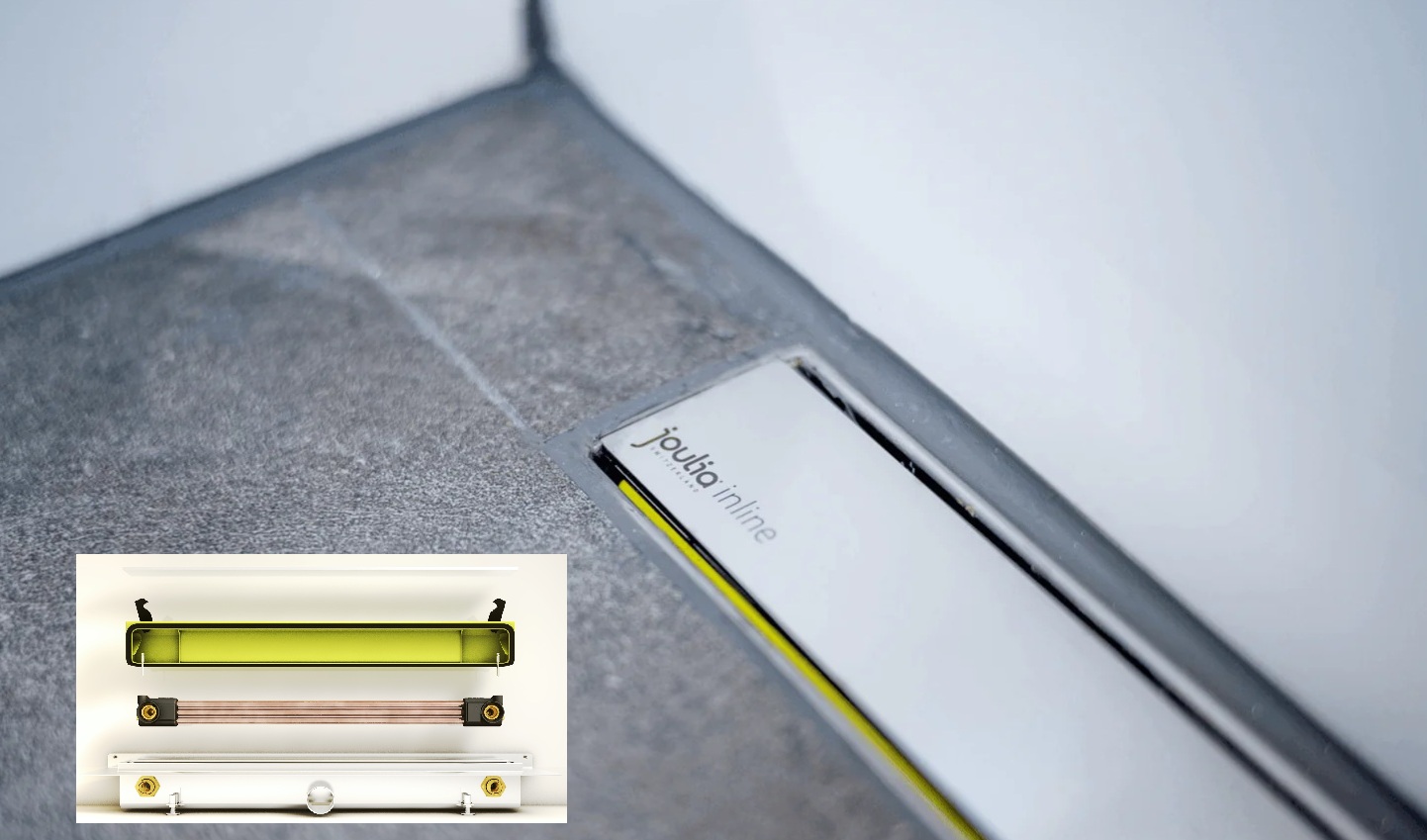 Unocconi Joulia Inline 3-Rohr Duschrinne m.Wärmetauscher, m.Abdeckung geschliffen wandseitige Montage, mit Turbulatoren 