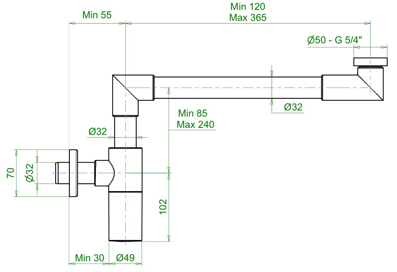 *DESIGN Raumspar-Sifon rund 5/4", Ms SCHWARZ-MATT *ACHTUNG beigepackte Pflegehinweise beachten