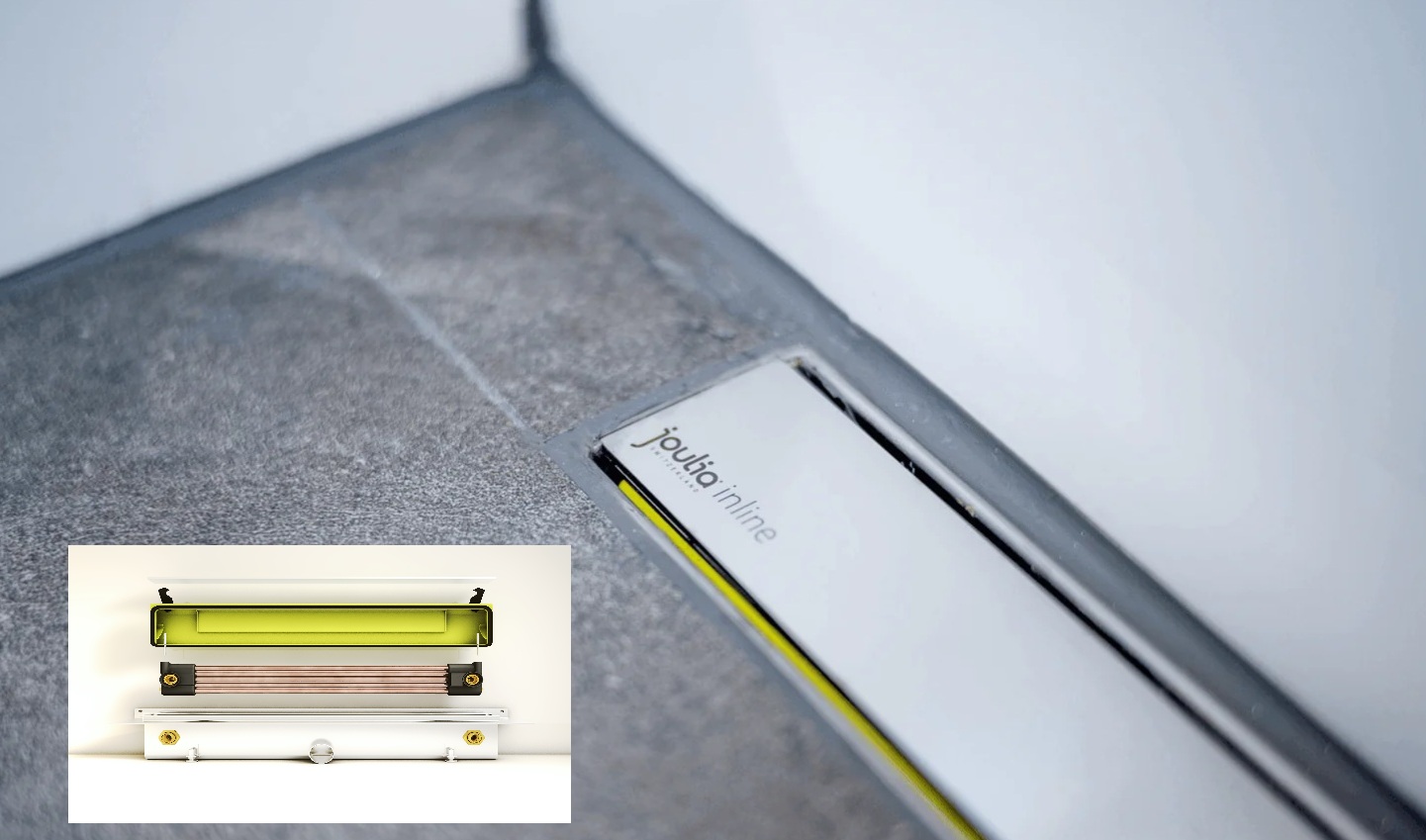 Unocconi Joulia Inline 5-Rohr Duschrinne m.Wärmetauscher, m.Abdeckung geschliffen raumseitige Montage, m.Turbulatoren 