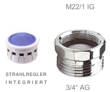Auslauf Adapter mit Perlstrahler M22x1-IGx3/4"AG, Ms chrom 