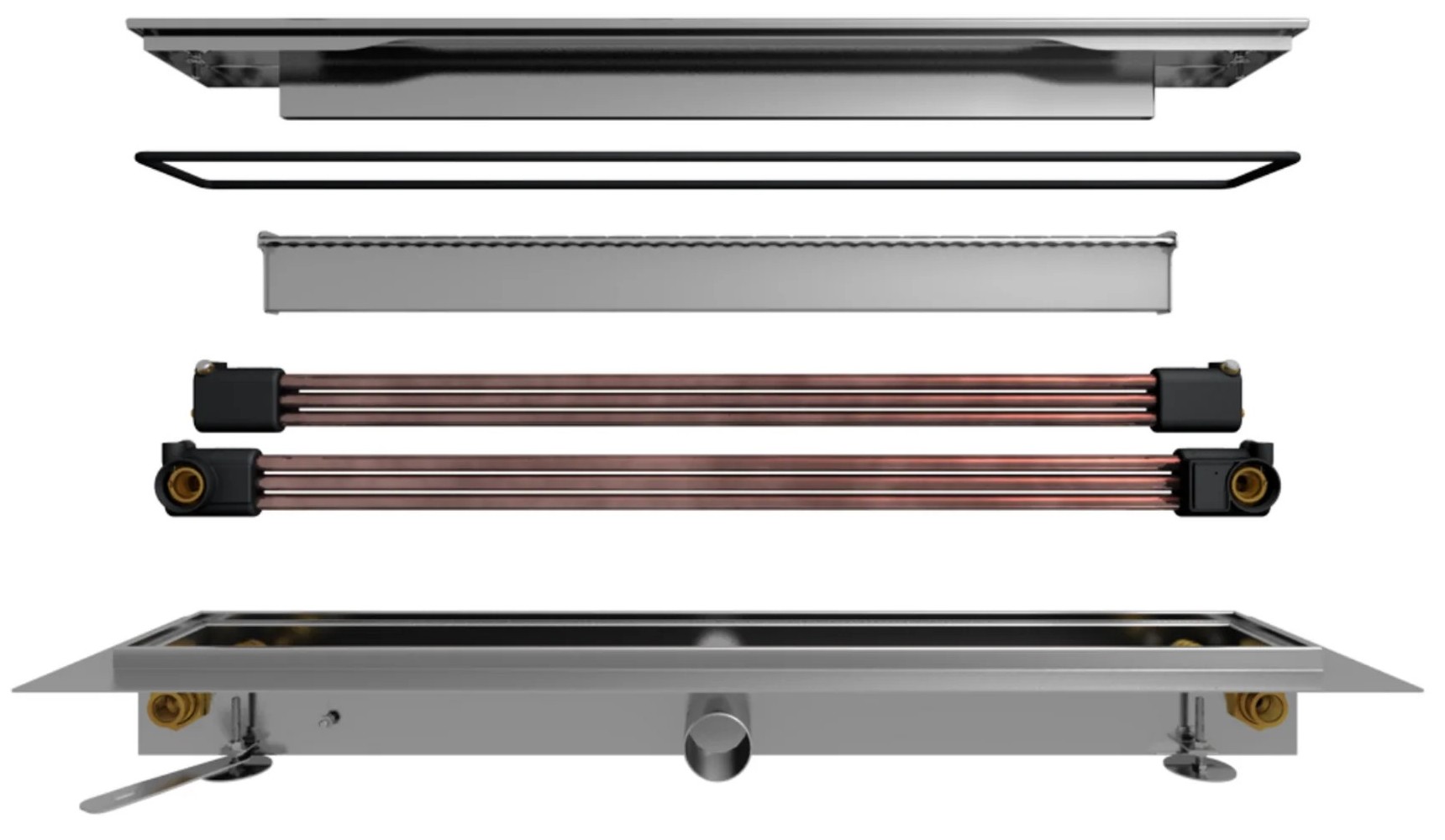 Unocconi Joulia Twinline 6-Rohr kurz Duschrinne m.Wärmetauscher, m.Abdeckung geschliffen raumseitige Montage 