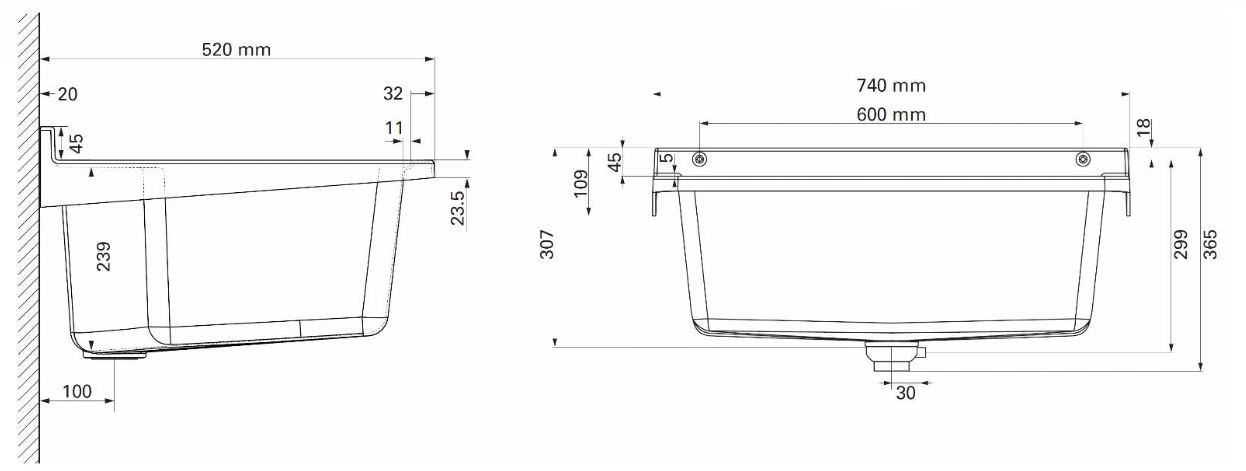 Kunststoff Waschtrog 75x52x31cm 46l, weiß marmoriert 