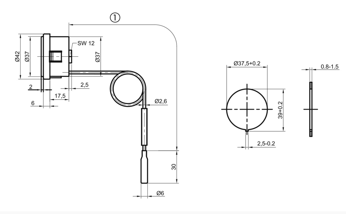 Thermometer 0-120°C 37mm m.Kapillarleitung 2000mm  Thermometer 0-120°C 37mm m.Kapillarleitung 2000mm