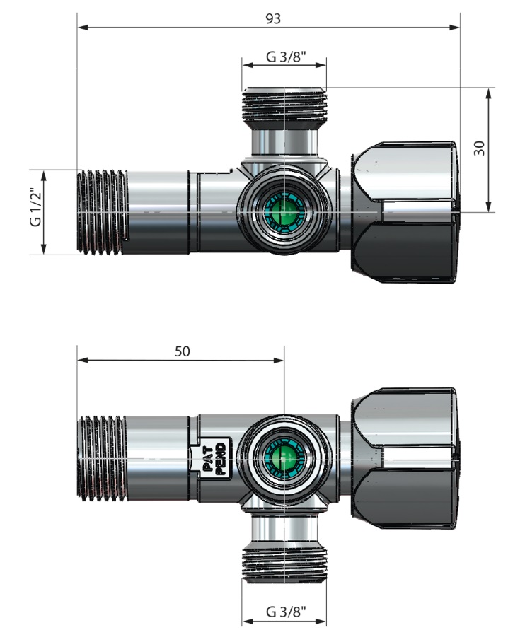 Eckventil "Dual" Ms verchromt 1/2"AG-Abg.2x3/8"AG Eckventil "Dual" Ms verchromt 1/2"AG-Abg.2x3/8"AG
