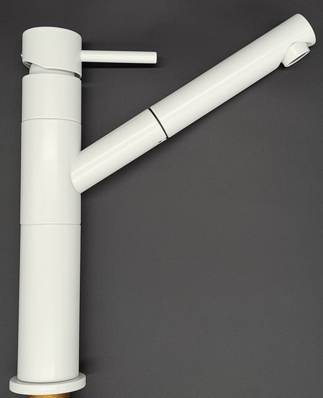 *Spültischarmatur mit Auszugsbrause weiß-matt, schwenkbar, A=205mm, H=250mm *Achtung Pflegehinweise beachten!