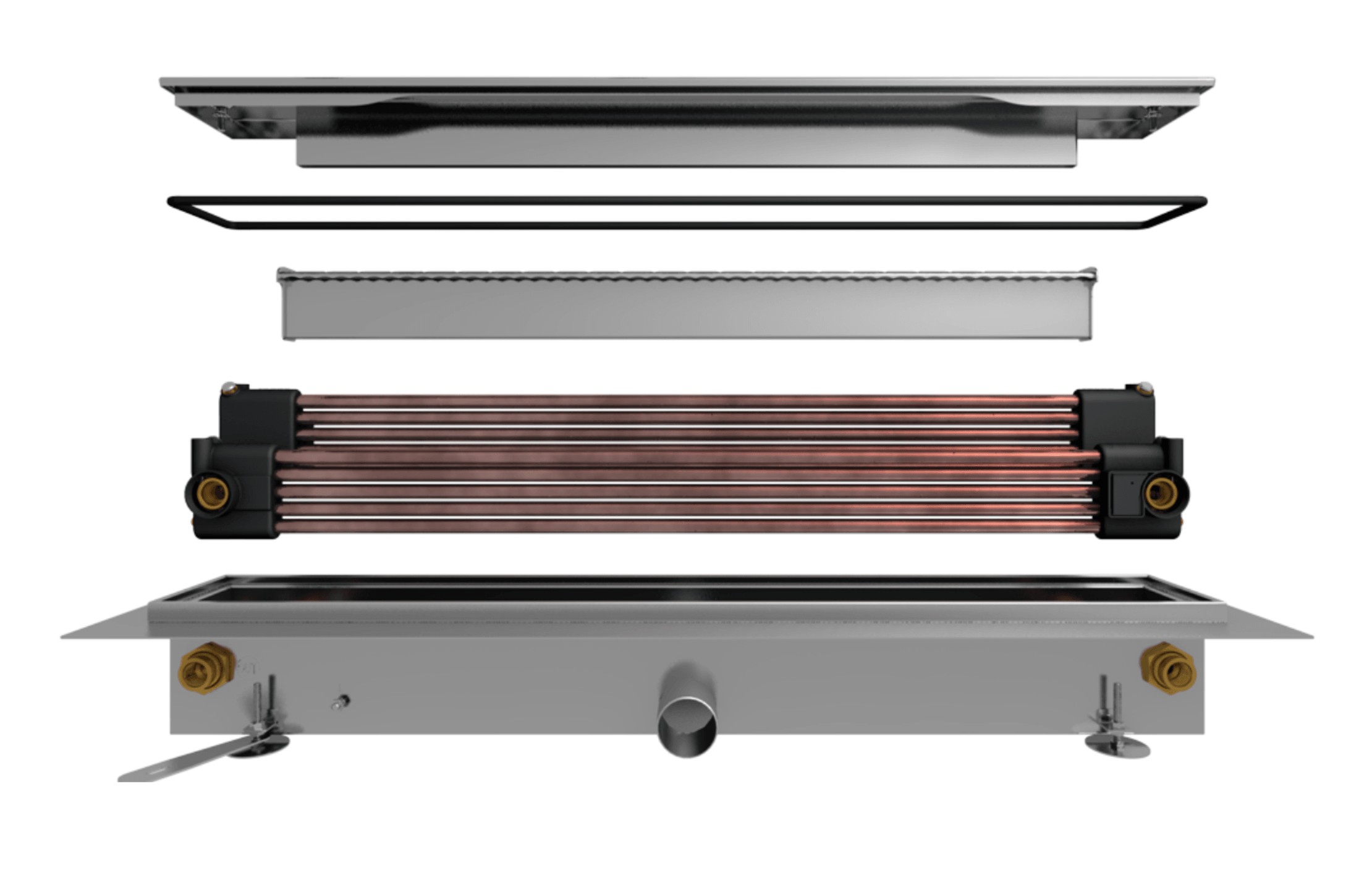Unocconi Joulia Twinline 10-Rohr kurz Duschrinne m.Wärmetauscher, m.Abdeckung geschliffen raumseitige Montage 