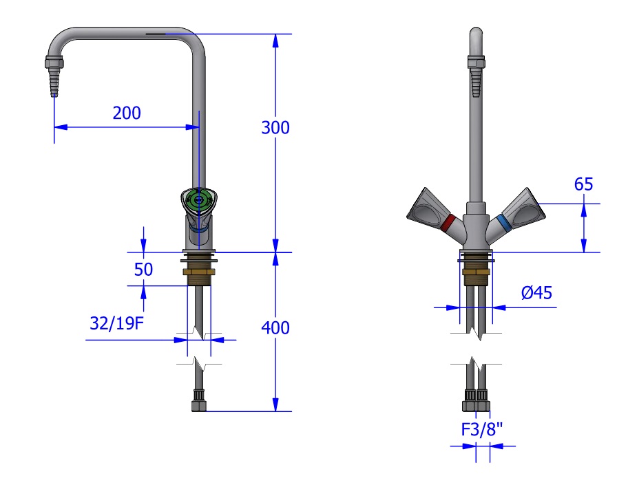 *Labor 2-Griff-Einlocharmatur "WPC/WPH", Auslauf schwenkbar AxH:200x300mm, Ms, RAL7035, 2xFlex-3/8" *Laborarmaturen sind von einer Rückgabe ausgeschlossen