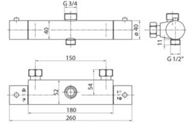 Brausethermostat Wand-Aufputz, Ms chrom 1/2"AG-unten+3/4"AG-oben, m.Umsteller 