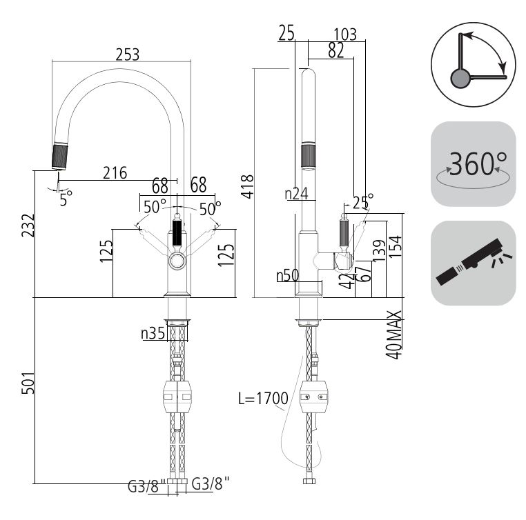 Venti20 Einhebel-Küchenarmatur chrom m.schwenk- und herausziebarem Auszug 