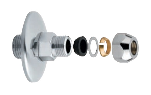 Doppelnippel verlängert, Messing verchromt, m.Rosette, m.Quetsch-VS.1/2"x14mm 1/2"AGx1/2"AG, L=40mm, f.CU-Rohr.14mm 